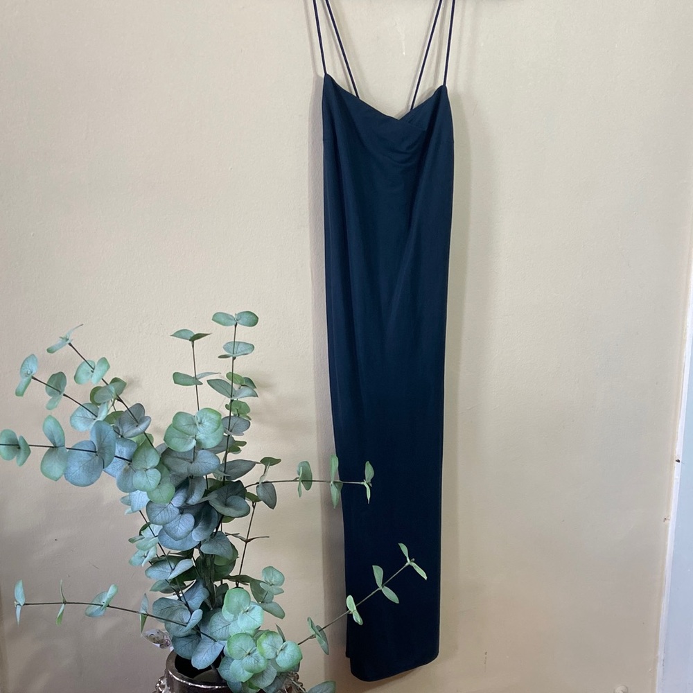 Zara Slip Dress Navy Blue Strappy Midi Dress Cowl Neck Minimalist Small Party